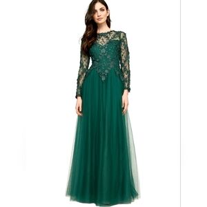 Nwot Tadshi Shoji Emerald Green Faerie 3d-Lace Tulle Skirt Special Occasion Gown